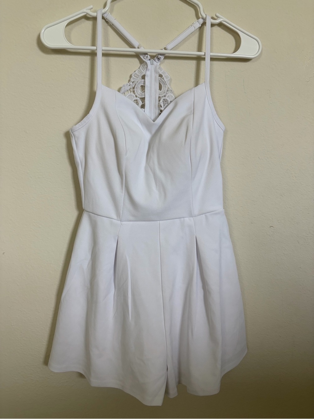 Francesca's Collections White Spaghetti-Strap Lace-Back Mini Romper